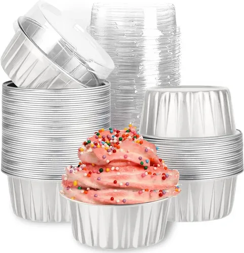Miniatura 9 de Mini tazas de papel de aluminio para hornear cupcakes con tapas (40 piezas, 5 oz), forros redondos de papel de aluminio para cupcakes, moldes