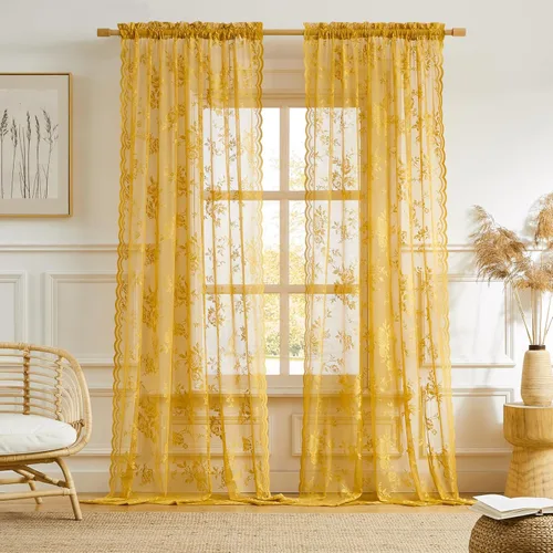 Miniatura 70 de SEEKRIGHT - 2 paneles de cortinas traslúcidas de encaje negro, cortinas góticas florales, cortinas victorianas con bolsillo para cortinero