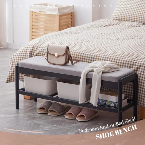 Miniatura 6 de Banco de zapatos de entrada de bambú de 2 niveles con cojín de asiento acolchado, banco de zapatos, organizador estable para entrada, pasillo, sala