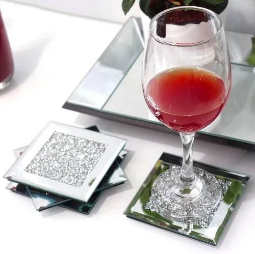 Miniatura 7 de GIMORRTO Posavasos de cristal con espejo de 8 piezas, taza cuadrada de diamante triturado de 4 pulgadas, decoración en la mesa para bar