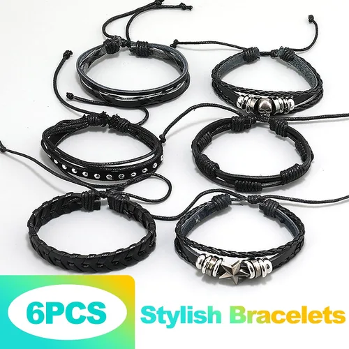 Miniatura 2 de Paquete de 6 pulseras punk góticas y emo, pulseras ajustables de cuero con tachuelas