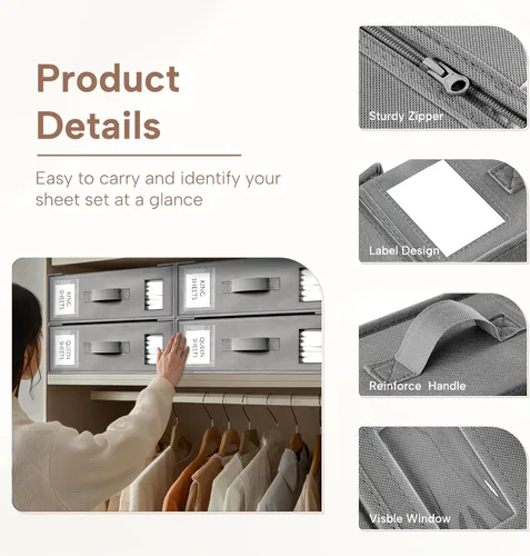 Miniatura 4 de Criusia Organizadores y Almacenamiento de Sábanas de Cama, Paquete de 6 Cajas Organizadoras de Armario de Ropa Blanca Plegables – Soporte de Ropa