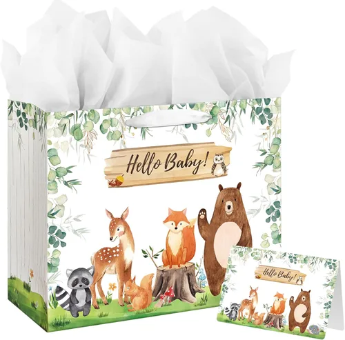 Laidans Bolsa de regalo grande de 13 pulgadas para baby shower o cumpleaños con asa, papel de seda y tarjeta de felicitación (diseño de animales del