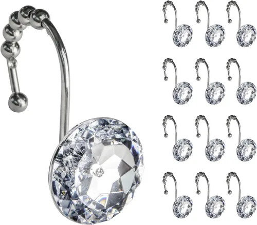 Miniatura 9 de Sunlit Diseño de Lujo Redondo Aqua Azul Diamante Cristal Gema Bling con Bolas Deslizantes Ganchos para Cortina de Ducha, Anillos para Cortina