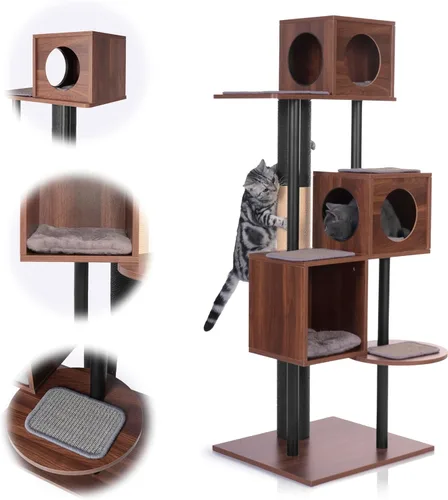 Moderno árbol para gatos, elegante torre de madera estilo muebles (60 pulgadas) se mezcla con decoración del hogar, poste rascador más alto (48