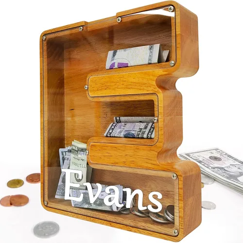 Miniatura 102 de Alcancía para niños y niñas, alcancía grande de madera personalizada con diseño recortado, bancos de monedas con letras del alfabeto, caja de ahorro