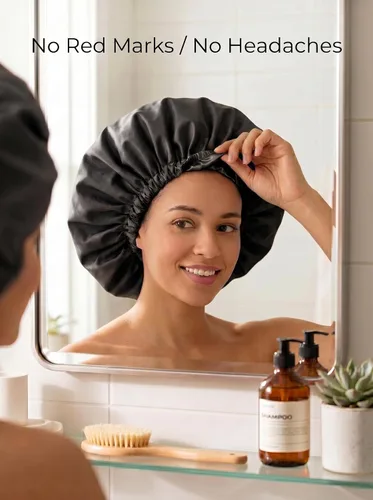 Miniatura 3 de Aquior Gorro de ducha para mujer, extra ajustable, doble capa, impermeable, reutilizable, gorra de pelo de tamaño grande para todo el cabello