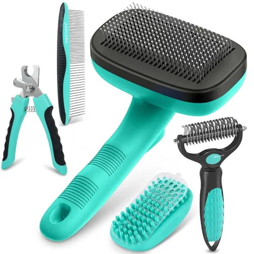 Miniatura 10 de Cepillo para perros – 3 piezas de cepillo de autolimpieza y cortaúñas y peine para mascotas para perros, gatos y caballos, herramienta de aseo Verde