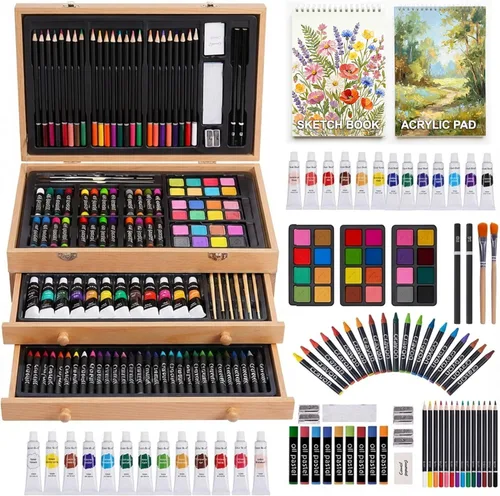 Juego de 175 piezas de arte de madera de lujo con 2 almohadillas de dibujo, pinturas acrílicas, lápices de colores, lápices de colores, pincel, kit