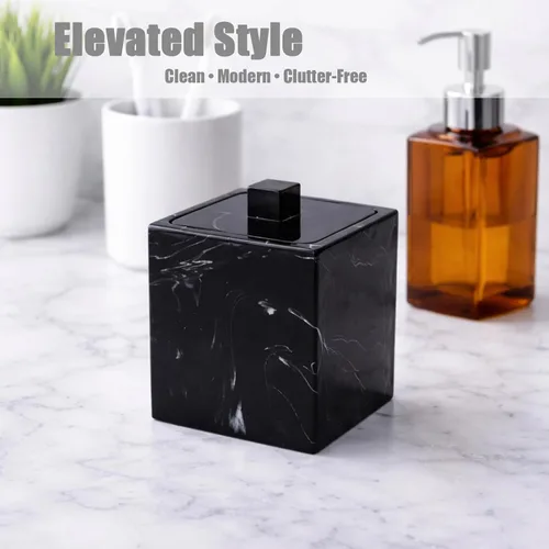Miniatura 2 de Qtip Soporte para baño con tapa, organizador cuadrado de hisopos de algodón, dispensador de bolas de algodón, contenedor de almohadilla de Negro