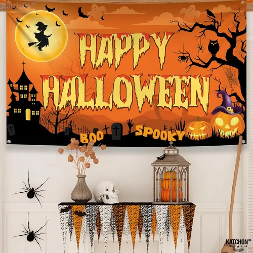 Miniatura 6 de KatchOn Pancarta espeluznante de Feliz Halloween, extragrande, 72 x 44 pulgadas, telón de fondo naranja de fotos de Halloween para decoraciones