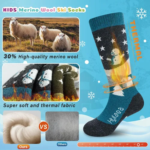Miniatura 2 de Hylaea Calcetines de esquí de lana merino para niños, calcetines térmicos cálidos hasta la rodilla para patinaje de snowboard para niños y niñas