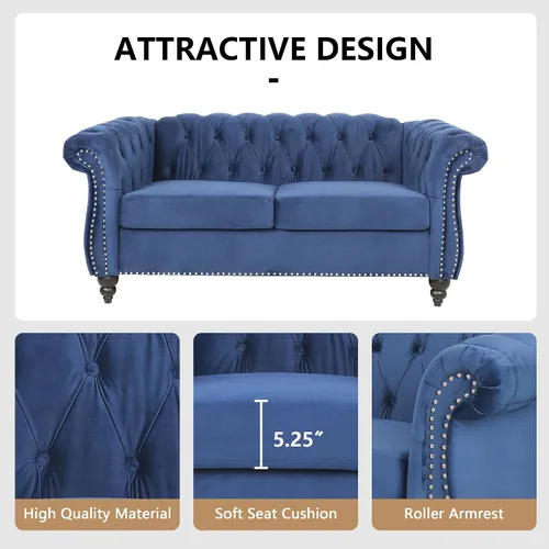Miniatura 5 de QHITTY Juego de 2 piezas para sala de estar, Silla Sofá Seccional Chesterfield Contemporáneo Tapizado de Terciopelo Loveseat Juegos de Sofá para Azul