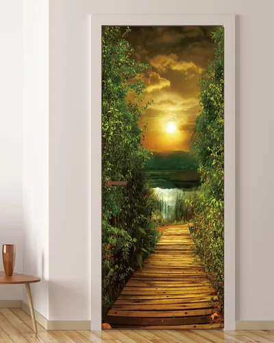 Adhesivo de puerta FLFK - Sendero junto al lago, mural de pelar y pegar, tamaño combinado 36"x80", dividido en 2 piezas Mt649