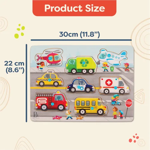 Miniatura 7 de B. toys Peek & Explore Puzzle 4 – Pack – Juguetes de madera para niños pequeños – 8 piezas cada uno – Vehículos, camiones, animales, corral – 2+ años