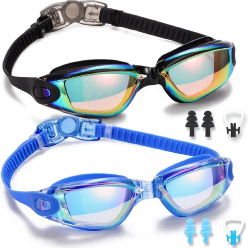 Gafas de natación, paquete de 2 gafas de natación para adultos, hombres, mujeres, jóvenes, niños Negro/Azul (espejado)