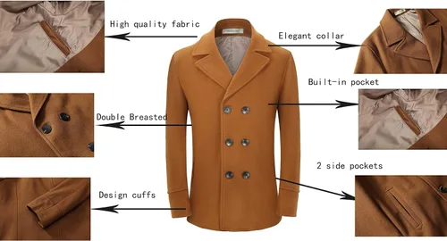 Miniatura 3 de VICALLED Abrigo de invierno de doble botonadura con cinturón para hombre chaqueta cálida de lana para exteriores