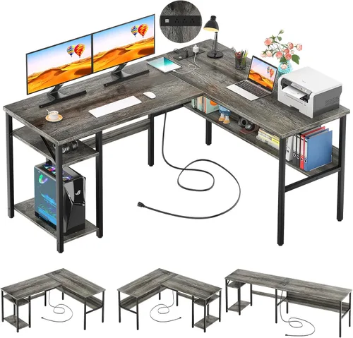 Unikito Escritorio reversible en forma de L con tomas de corriente mágicas y puertos de carga USB, escritorio de esquina para computadora resistente