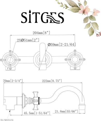 Miniatura 7 de SITGES Grifo de pared, grifo de pared de lavabo de baño de dos manijas con válvula áspera incluida, níquel cepillado