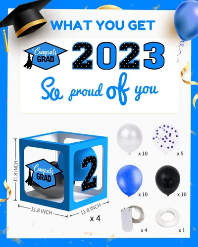 Miniatura 3 de Decoraciones de fiesta de graduación 2023-4 cajas de globos de graduación, 35 globos y 4 tiras de luces LED para la clase de 2023 decoración