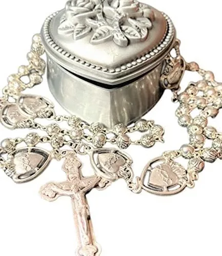 elegantmedical Collar de plata hecho a mano con cuentas de rosas católicas sagrado corazón Jesús medalla rosario cruz collar y bonita caja de