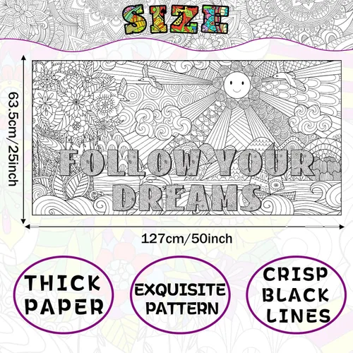 Miniatura 2 de Naozinebi Pósteres de mandala gigante para colorear, grandes carteles motivacionales para colorear con texto en inglés "Follow Your Dreams", mantel