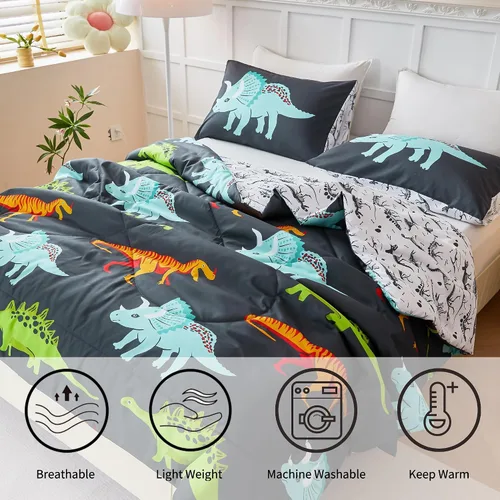 Miniatura 3 de RYNGHIPY Juego de ropa de cama de dinosaurio - Juego de edredón tamaño Queen para chicos y chicas - Juego de cama de dinosaurio suave, transpirable