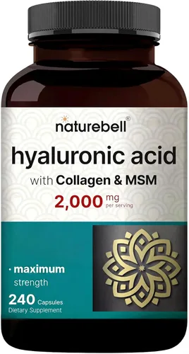 NatureBell Ácido hialurónico 2,000 mg con colágeno y MSM - 240 cápsulas - Hidratación de la piel, cabello, uñas y articulaciones - Fórmula soluble