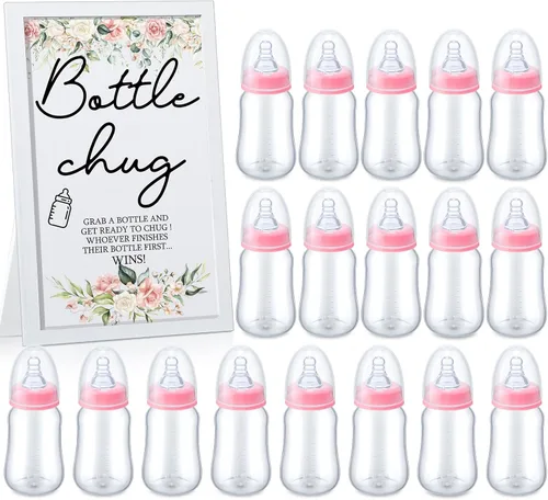 Miniatura 24 de Roowest Bottle Chug Baby Shower Games Favores que incluyen 18 botellas con 1 botella de chug de madera para revelación de género y suministros