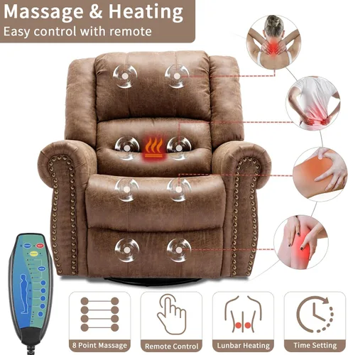 Miniatura 5 de Sillón reclinable giratorio manual con calor y vibración, mecedora giratoria de 360°, sillas reclinables ergonómicas para masaje con bolsillos