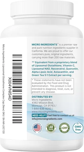 Miniatura 6 de Micro Ingredients Complejo de glutatión reducido liposomal 3,000 mg - Suplemento avanzado de glutatión 8 en 1 con NAD, resveratrol, quercetina