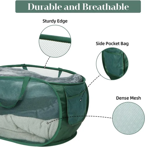 Miniatura 4 de Cesta de lavandería desplegable de malla resistente, cestas plegables con bolsillo lateral, cesta de ropa plegable con asas de transporte reforzadas