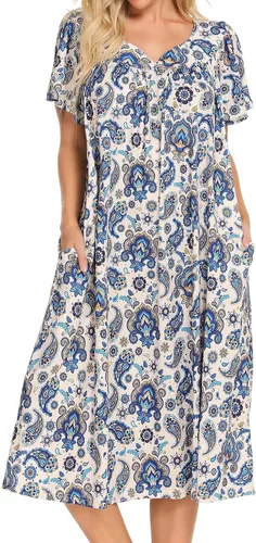 Bloggerlove Vestidos de casa para mujer con bolsillos Mumu Duster Housecoat de manga corta vestido de patio S-XXL