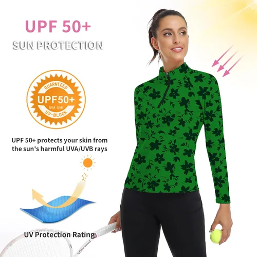 Miniatura 48 de WOWENY Camiseta deportiva de manga larga para mujer, con cremallera de un cuarto, cuello para entrenamiento, camiseta de tenis con estampado