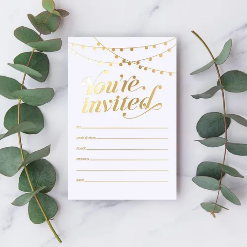 Miniatura 6 de ¡Invitaciones de fiesta S&O! 25 invitaciones tradicionales de papel de aluminio dorado con sobres, invitaciones de boda, bebé y despedida