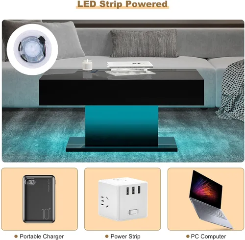 Miniatura 5 de HedoAjim - Mesa de café LED para sala de estar, mesa rectangular central de sala de estar, mesas de café modernas de madera con alto brillo y luces