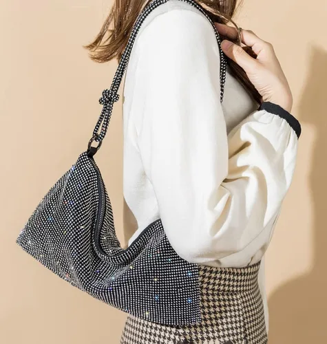 Miniatura 6 de Bolso Hobo con diamantes de imitación para mujer, elegante bolso de noche brillante plateado con diamantes de imitación, bolso dorado