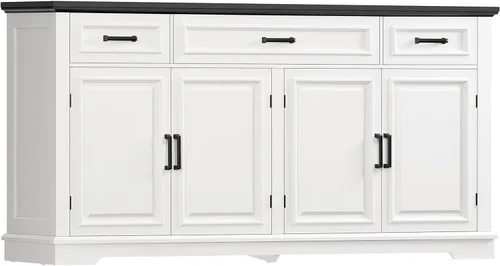 Miniatura 8 de usikey Aparador grande de 61 pulgadas con 4 puertas y 3 cajones, mesa de buffet de granja, armario de almacenamiento de comedor para cocina o sala