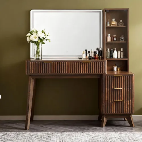 Miniatura 10 de RedLemon Escritorio de tocador acanalado de 48 pulgadas con espejo HD grande de 36 pulgadas y luces, mesa de maquillaje moderna de vidrio de madera