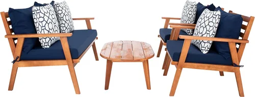 Miniatura 9 de SAFAVIEH Deacon - Juego de conversación de 4 piezas para exteriores, marrón y beige, madera maciza, diseño costero de listones con cojines, ideal