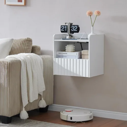 Miniatura 12 de BuildHom Moderna mesita de noche flotante acanalada montada en la pared, juego de 2 mesitas de noche con cajón de almacenamiento y estante