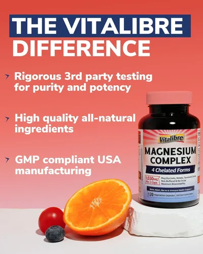 Miniatura 7 de Vitalibre Suplemento complejo de magnesio 4 en 1 de 1030 mg, absorción maximizada, malato, taurato y citrato, sin tamponar, apoyo óseo, corazón