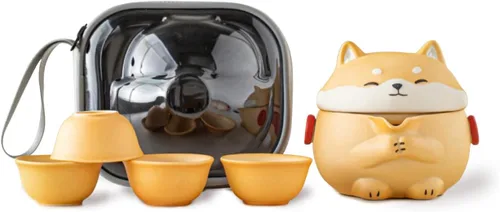 Mini juego de té Gaiwan, linda tetera Shiba Inu con bolsa portátil para viajes, tetera china de gongfu de cerámica con 4 tazas de té de cerámica.