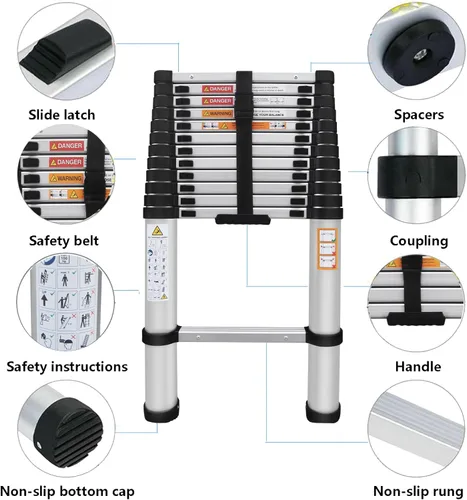 Miniatura 3 de Escalera telescópica de aluminio de 16 pies, escalera multiusos para trabajo diario o al aire libre, escalera extensible portátil para caravana