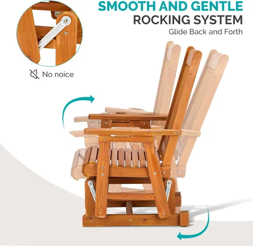 Miniatura 6 de VINGLI Planeador de madera para patio, resistente de 600 libras para exteriores con portavasos, banco de madera individual con respaldo alto