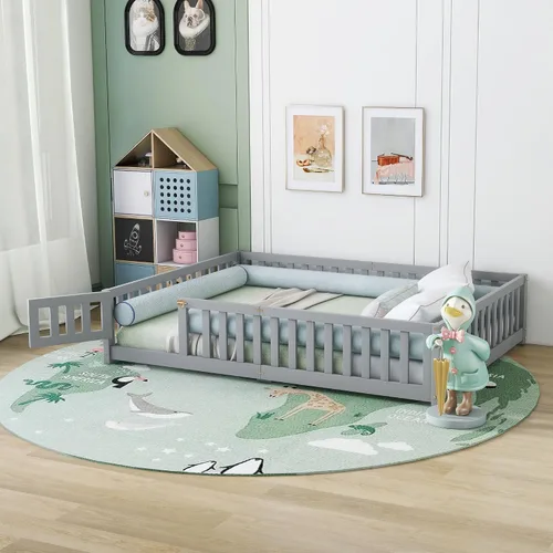 Miniatura 10 de VilroCaz Playfun - Cama de suelo tamaño individual con valla que se puede abrir, cama Montessori de metal con diseño de plataforma para niños