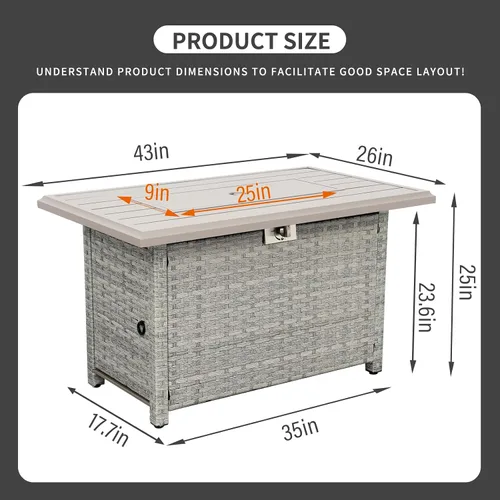 Miniatura 6 de WAROOM Fogata de propano para exteriores, mesa de fogata de patio de mimbre PE de 43 pulgadas con protector contra el viento de vidrio, vidrio