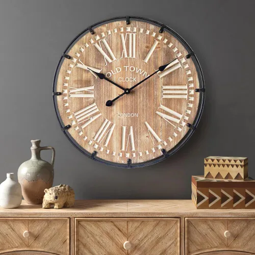 Miniatura 8 de Reloj de pared grande de granja, reloj de pared de madera rústica de 24 pulgadas decorativo con círculo de metal y números grabados, funciona