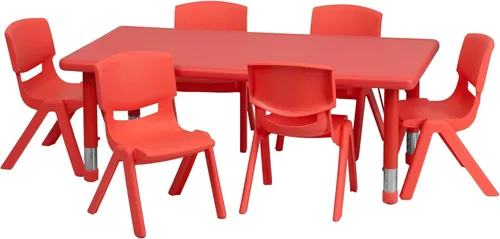 Flash Furniture Emmy 24" x 48" Mesa de actividades de plástico rectangular roja ajustable en altura con 6 sillas Rojo