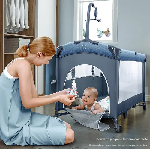 Miniatura 3 de BabyBond Cuna para bebé, cuna de noche, paquete y juego con sábana, cambiador de pañales y móvil de música desde recién nacidos hasta niños